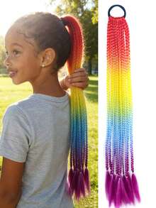 1pc 22" Rainbow Colored Braided Ponytail Wig With Elastic Band, Suitable For Girls