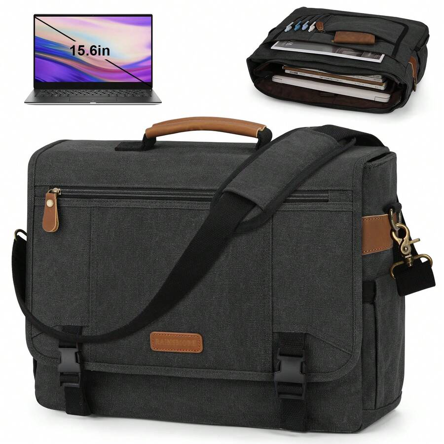 NEWHEY Bolso para portátil de 17-17.3 pulgadas para hombres, maletín de lona tipo mensajero, bolso de hombro para computadora de gran capacidad para negocios y oficina, negro/gris - Multicolor - Ver 1