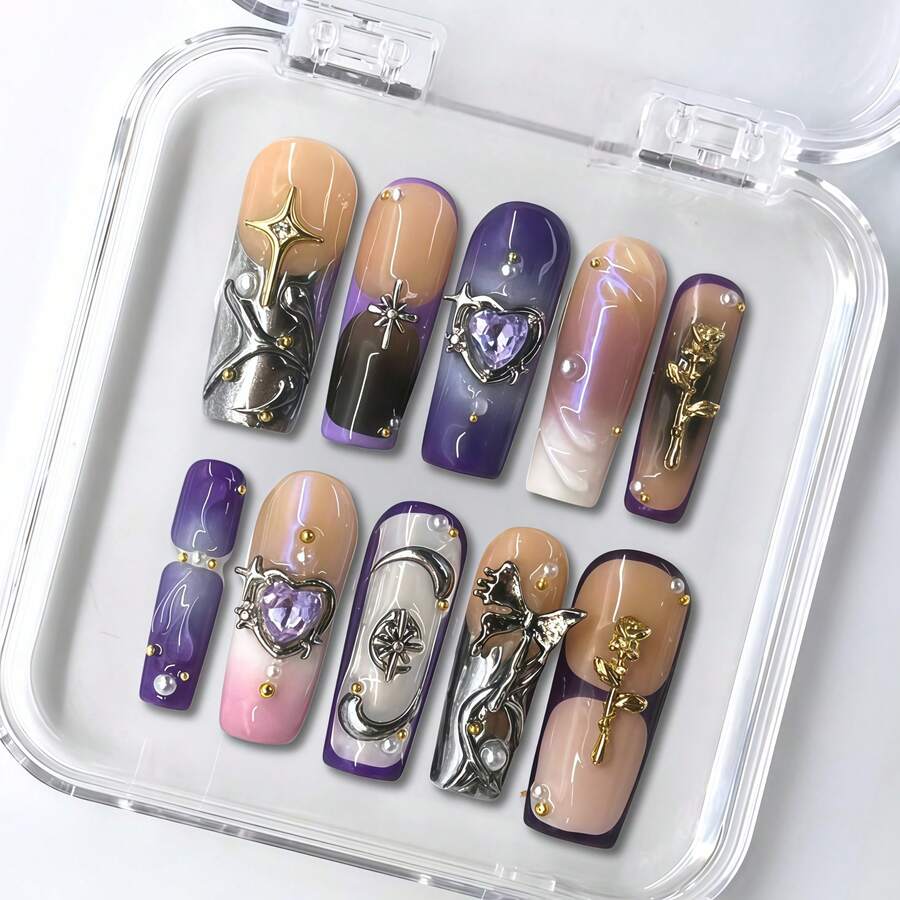 NailLush 10 PCS Handmade Square Press-On Nails | Fantasy Gothic Luxury Purple-Pink-Nude Acrylic Nails, 3D Holographic Heart & Gold Star Embellished Pearl - 紫色 - 查看 1