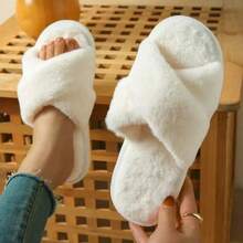 Cross-Strap Ladies Fur Plush Slippers Foreign Trade Cross-Border Slippers Open-Toed Slippers Home Girls Warm Cotton Slippers - 白色 - 查看 9