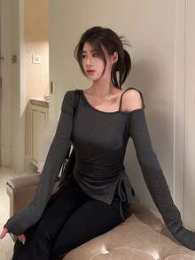 侧边系带开衩修身露肩褶皱抽绳不对称长袖T恤 - 灰色 - 查看 5