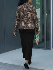 2pcs Women's Leopard Print Blazer Set With Black Dress, Slimming & Elegant Style, Suitable For Spring To Summer Occasions Like Valentine's Day, Ramadan, Evening Dates, Beach Photoshoot, Beach, Vacation, Dates, Church, Commuting, Wedding Guests, Holiday Vacation, Parties - Black - View 3