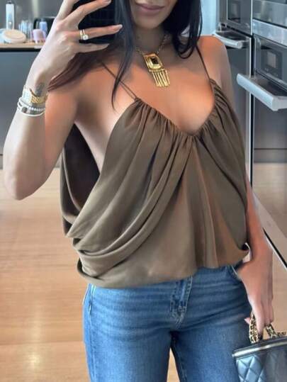 Áo hai dây xếp ly bằng satin gợi cảm, thời trang nữ mùa hè DEEKA.