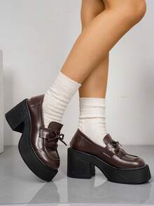 Nouvelles arrivées Femmes Mocassins décontractés de mi-talon noirs avec décoration de nœud papillon, convient pour l'école/le printemps, talons compensés - Tabac - Voir 4