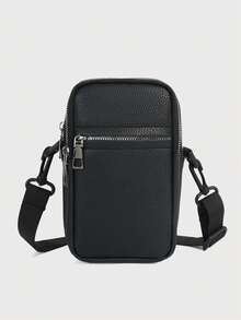 男士新款运动单肩包，休闲多功能轻便通勤背包，带手机袋，格子图案背包，情人节礼物 - 黑色 - 查看 4