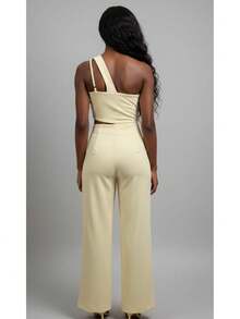 Macação Alfaiataria Feminino Pantalona Longo Elegante Festa Amarelo Manteiga - Champanhe - Visão 3