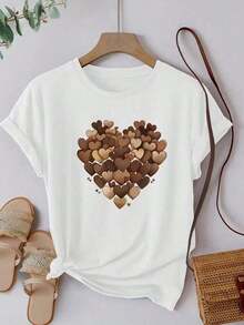 Women's Premium Knit T-Shirt With Heart Detail And Round Neck, 100% Cotton, Comfortable, Women's Fashion - trắng - Xem 2