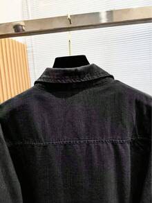 女款長袖輕量牛仔襯衫上衣，春夏新款簡約復古休閒日常口袋裝飾百搭襯衫黑色 - 黑色 - 查看 6