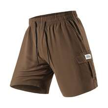 Men's Casual Cargo Shorts, Summer Drawstring Waist Pockets Design, Solid Color Knee-Length Pants - Brown - View 3