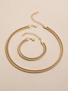 2pcs/set Street Style Women's Stainless Steel Necklace And Bracelet Set, Chunky Lock Chain For Aesthetic Look