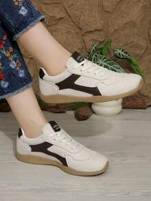 Women's Khaki Lace-Up Casual Sports Shoes, White Fashion Versatile Sneakers, Suitable For Casual, Sports, School, Travel, All Seasons - White - View 4