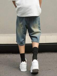 青少年男孩时尚休闲短裤日常蓝色复古牛仔短裤男孩青少年短裤夏季旅行男士 - 藍色 - 查看 2