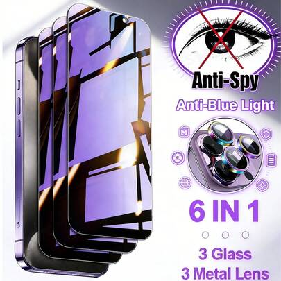 [Bộ 6 trong 1] 3 miếng dán màn hình chống nhìn trộm ánh sáng tím + 3 miếng kính áp tròng kim loại hình mắt đại bàng nhiều màu sắc, tương thích với iPhone 13, 14, 15, 16, 17, 16 Plus, 17 Air, v.v., Chống trầy xước, Chống thấm nước, Chống rơi vỡ, Viền không vỡ, Bền bỉ, Lớp mạ điện chống dầu, Chống sốc, Chống thấm nước & dầu, Bảo vệ riêng tư, Chống nhìn trộm ánh sáng tím, Bề mặt mịn, Màng chống trầy xước, Phụ kiện điện thoại thông minh, Người mua quan tâm đến quyền riêng tư, Người dùng điện thoại thông minh, Bộ phụ kiện điện thoại thông minh