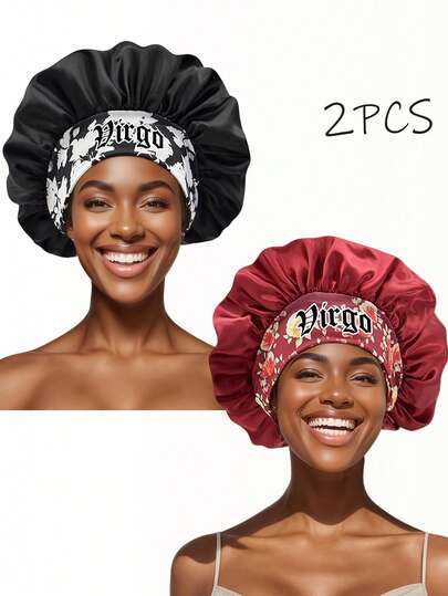 2pcs Printed Zodiac Sign Satin Wide Brim Elastic Sleep Cap, Suitable For Curly And Straight Hair, Luxury Home Hair Care Accessory, Nighttime Hair Care Hair Sleep Cap