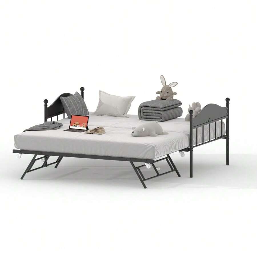 Cama con Cama rodar, Resistente de Metal de tamaño Individual con cabecero Elegante, Cama rodar Ajustable en Altura Individual, Plataforma de Listones de Acero Resistente para Sala de Estar - Textura de arena negra + tablero negro - Ver 1