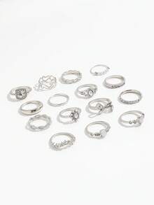 15pcs Faux Gem Rings Set, Faux Pearl Flower Geometric Rhinestone Bow Knot Rings For Women - Silver - View 3