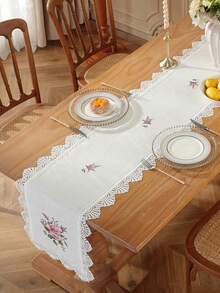 Taplak Meja Polos dari Poliester Linen dengan Bordir Bunga Mawar Merah Muda, Pinggiran Renda Rajutan Bergelombang Berbentuk Kipas Empat Sisi, Dekorasi Botani Vintage untuk Meja Makan, Meja Teh, Pernikahan, Rumah Pertanian, Dapur - MultiWarna - View 5