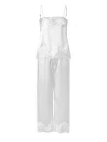 Conjunto de 2 piezas para mujer, sin mangas, con tirantes finos, ribete de encaje, top y pantalones, ropa de dormir - Blanco marfil - Ver 1