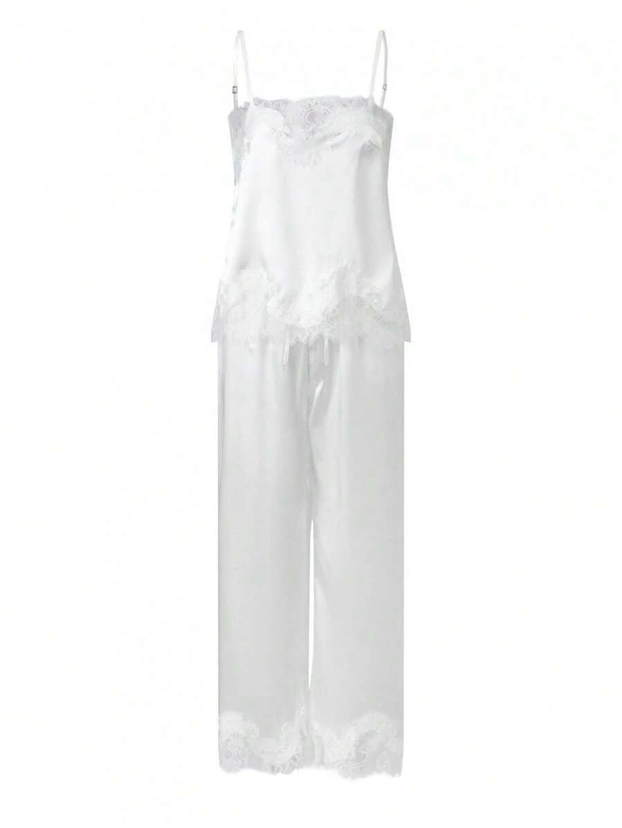 Conjunto de 2 piezas para mujer, sin mangas, con tirantes finos, ribete de encaje, top y pantalones, ropa de dormir - Blanco marfil - Ver 1