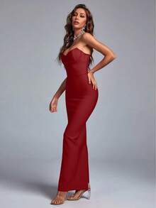 Bernatova Sexy Strapless Women Midi Long Rear Split Party Cocktail Evening Bandage Bodycon Dress For Birthday , Homecoming , Graduation , Wedding Guest , Dinner Party