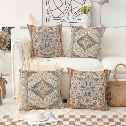 4 件套波西米亚风图案抱枕套 - 17.7*17.7 英寸，单面印花，复古波西米亚风装饰靠垫套，适用于沙发、躺椅及任何房间，室内外均可使用，拉链设计，可机洗，不含枕芯