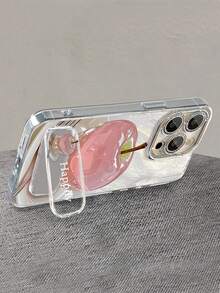 苹果图案单件装电镀闪粉全包手机壳，带透明镜片和隐形支架，适用于 11/12/13/14/15/16/17/PROMAX - 銀色 - 查看 4