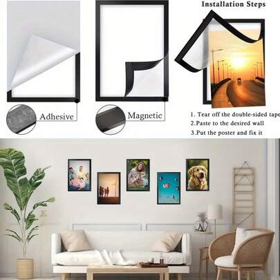 1 Modern Magnetic Wall-Mount Photo Frame - Self-Adhesive, Portable Plastic Display Frame For Photos And Documents, Vertical Orientation, Black, White Matte Finish, Folder | Minimalist Decor | Self-Adhesive Frame, Magnetic Photo Frame
