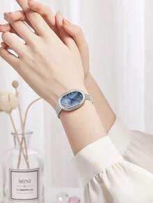 1pc Women's Stainless Steel Strap Fashionable Minimalist Oval Quartz Wrist Watch, Suitable For Daily Wear