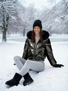 Women's Christmas Costume, Women's Winter Jacket, Solid Color Hooded Thickened Pocket Coat, Women's Winter Wear, Women's Winter Jacket & Coat, Thick & Warm - Black - View 11