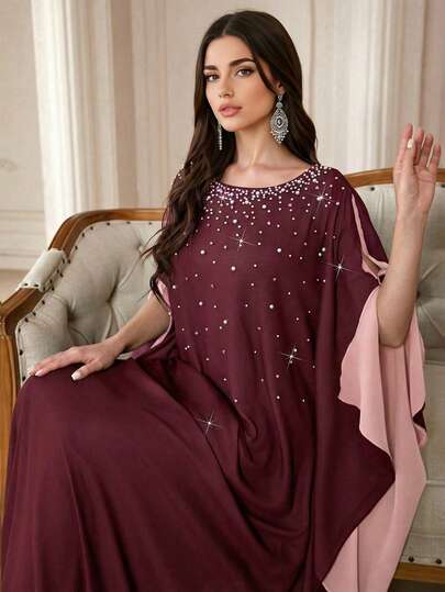 Women's Round Neck Contrast Color Design Pearl Detail Soft & Comfortable Long Arabic Abaya, Suitable For Festivals, Daily Wear And Multiple Occasions