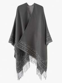 2025 Nuevo Chal de Otoño e Invierno Bufanda Estrella Jacquard Flecos Chaleca de Punto de Alta Calidad Estilo Retro - Gris - Ver 2