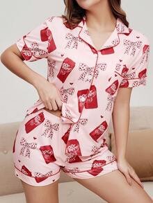 2 Stücke Damen Valentinstag Polka Punkt Schleife Herz Muster Kurzarm Shorts Pyjama Set, romantischer roter Saum Strick Top mit offener Knopfleiste, Elastikbund Hose, geeignet für alle Jahreszeiten als lässige Loungewear - Pink - Übersicht 6