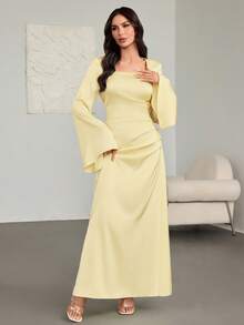 Women's Spring/Summer Fashionable & Elegant Yellow Satin A-Line Dress – Square Neckline, Flared Sleeves, Irregular Pleated Design, Ideal For New Year Gowns, Romantic Dates & Party Wear