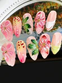 10pcs Luxury Handmade Nail Art, 3D Floral Design, Green & Pink Color Scheme, Medium Almond Shape, Suitable For Women's Daily Wear Nails Nail Supplies - 綠色 - 查看 4
