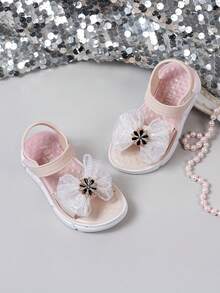 1 Pair Girls' Soft Sole Hook And Loop Non-Slip Casual Fashion Bow Rhinestone Sandals, Flat Open Toe Cute Beach Shoes, Suitable For Summer - Beige - View 4