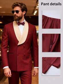 Men's Suit Shawl Lapel Double-Breasted Blazer & Pant Set - Formal 2-Piece Tuxedo With Wafer Knit Texture For Weddings & Black Tie Events - 酒紅色 - 查看 3