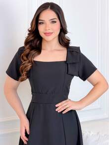 Women's Midi Dress With Bow On The Shoulder (Christian Style) - Black - View 5