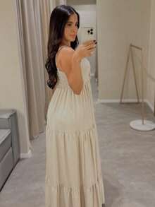 Long Tank Dress With Spaghetti Straps And Ruffles. - Nude - View 2