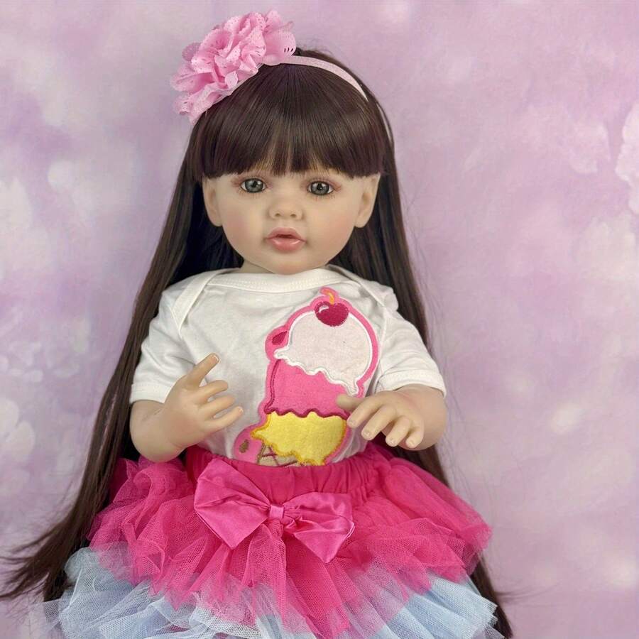55 CM Full Soft Vinyl Body Reborn Baby Doll Toy For Girl Brown Long Hair Princess Toddler Doll Handmade Birthday Gift For Child - 乙烯基身體娃娃 - 查看 1