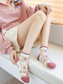 1/5 双 3D 立体花卉玻璃袜 法式浪漫风格 - 透气不闷热 春夏女士透明水晶蕾丝边饰薄款低帮踝袜 - 無色 - 查看 2