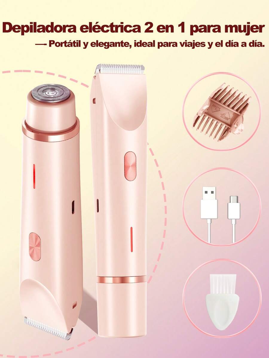 Depiladora para mujeres, afeitadora eléctrica para mujeres (aplicable para zona del vello púbico, axilas, piernas, brazos y rostro), recortadora de cabello de doble cabezal para mujeres, afeitadora 2 en 1 para zona bikini - Rosa Pálido - View 1