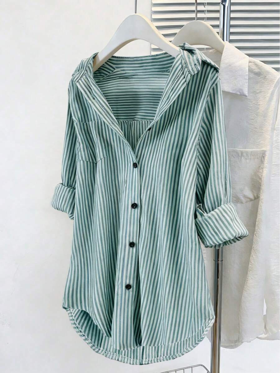 Plus Size Women's Striped Long Sleeve Lapel Collar Button Shirt Spring - Green - View 1