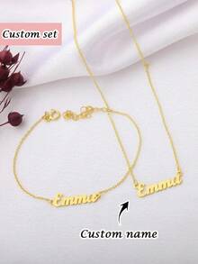 1PC [Customized] Personalized Name Necklace And Bracelet Set, Custom Jewelry Set, Matching Name Gift, Stainless Steel Jewelry, Minimalist Name Customization, Women's Necklace, Custom Necklace And Bracelet, Custom Gift, Engraved Jewelry For Her, Customizable Gift Set, Valentine's Day, Mother's Day, Eid, Back To School Season Gifts, Personalized Custom Set - Multicolor - View 3