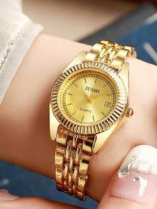 1pc Luxury All-Gold Women's Watch, Calendar Function Steel Strap, Fashionable & Versatile Quartz Wristwatch - Multicolor - View 3