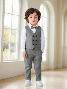 BOARNSEORL 3pcs Young Boys Gentleman Outfit - White Shirt With Grey Bow Tie And Grey Vest & Pants, Suitable For Daily Outings, Family Gatherings, Birthday Parties, Celebrations - Grey - View 1