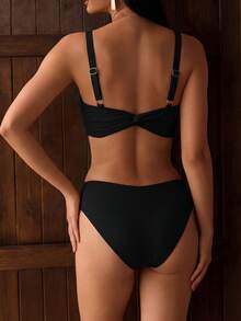 2026 New Fashionable Solid Color Metal Accent Beach Vacation Bikini 2 Pieces Swimsuit For Women - Black - View 5