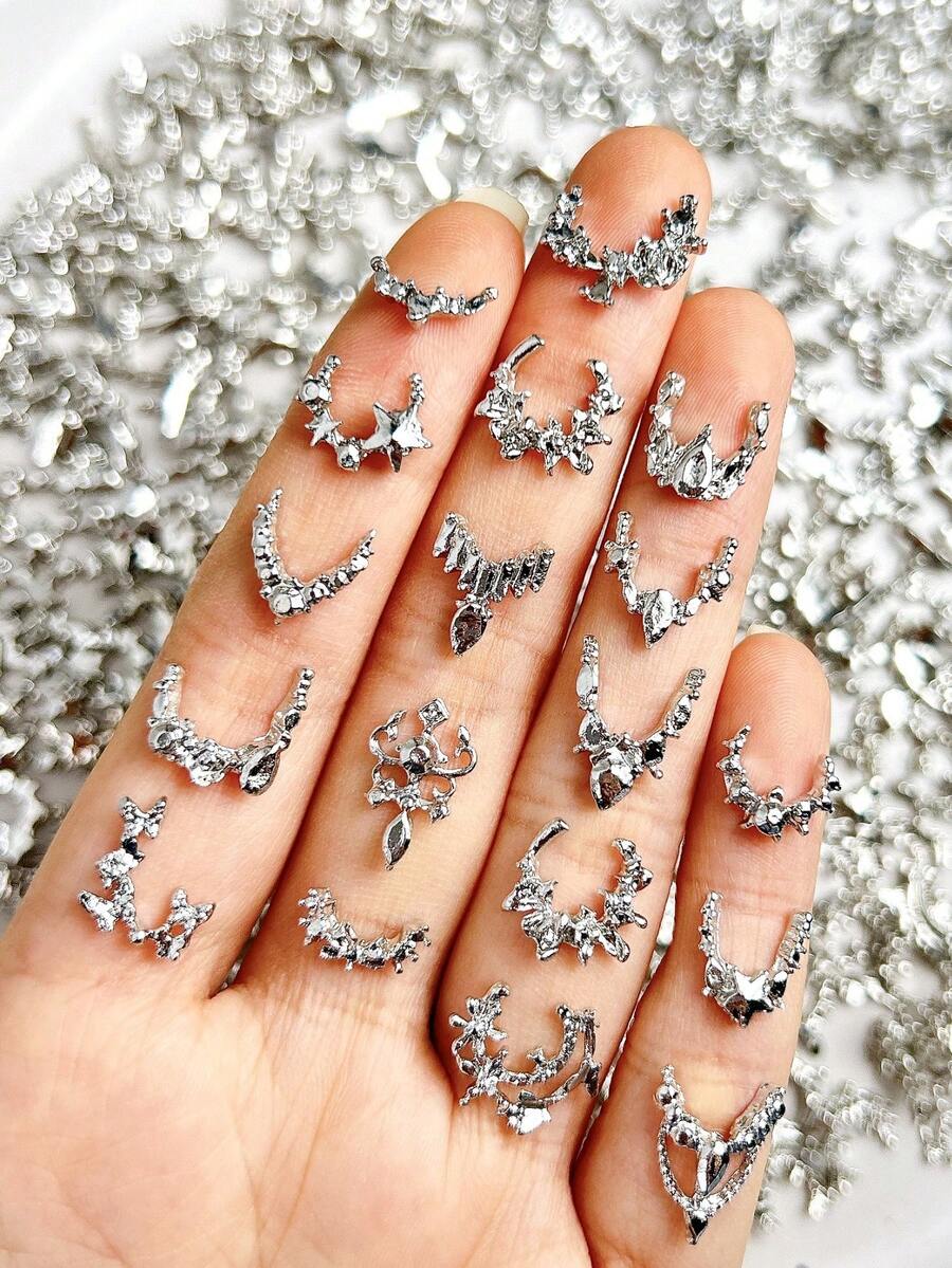 20Pcs Random Mixed Alloy French Nail Drill Silver Rhinestone Nail Charms 3D Flat-Bottomed Diamond French Style Nail Art Accessories DIY Nails - Silver - View 1