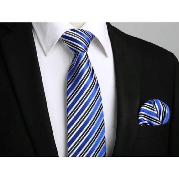 Corbata de seda tejida clásica para hombre corbata a cuadros con bolsillo corbata de seda tejida clásica para hombres negocios formales-B006 - B-02 Azul y Negro - Añade 1