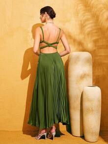 LOVE&LEMONADE 时尚绿色无袖V领吊带露背交叉A字荷叶边连衣裙 - 綠色 - 查看 6