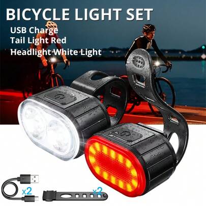 Bicycle LED Headlight & Taillight Set,Bicycle Lighting, Front And Rear Lights, Bicycle Lights, LED Cycling Lights, Bicycle Flashlight Jane, Bicycle Front Tail Light Lights. USB Type-C Fast Charging Bicycle Front,And Portable LED Bike Light, IPX5 Waterproof,Suitable For Various Holiday Gifts, Suitable For Giving Father'S Day Gifts(2PCS)